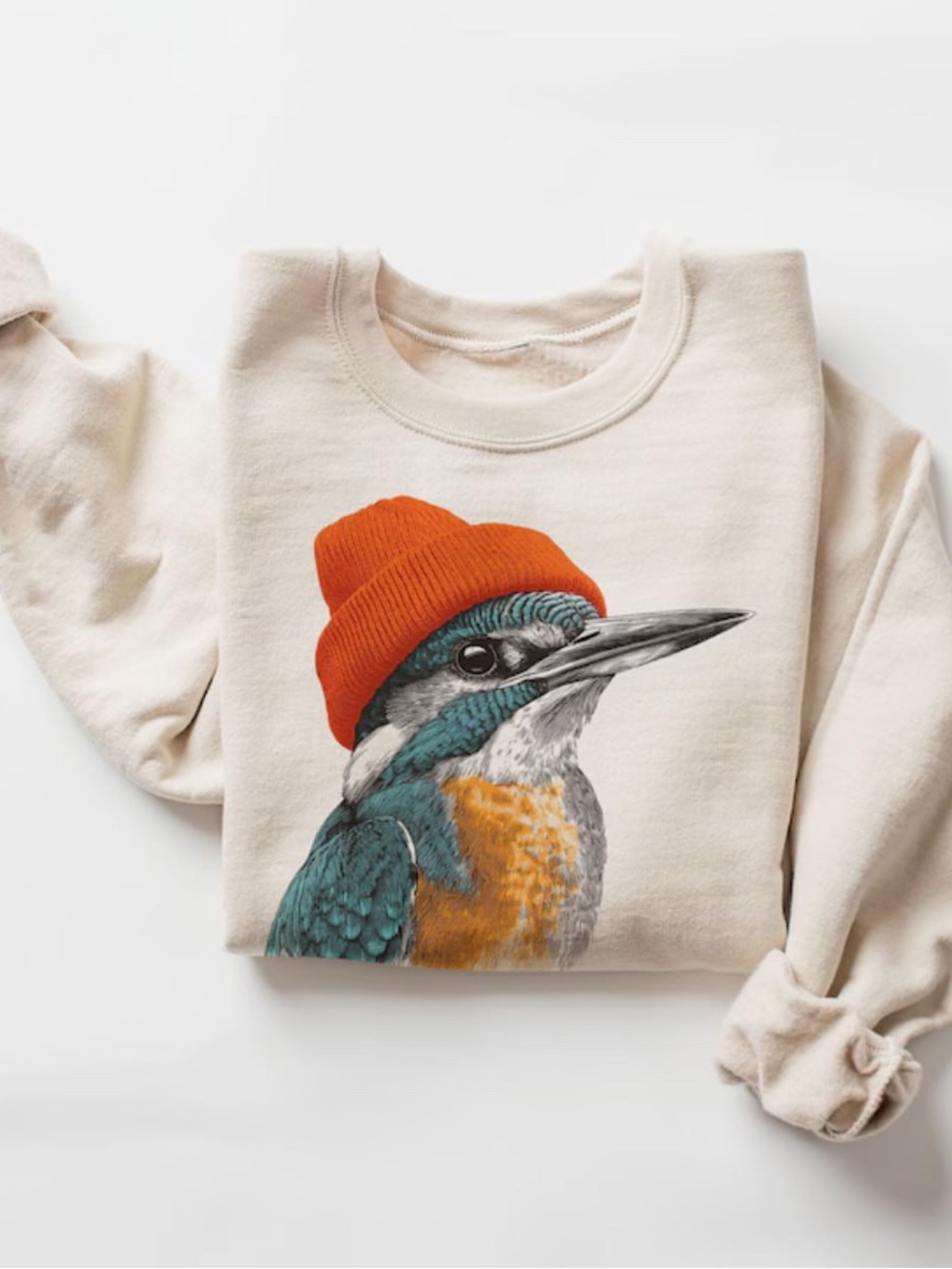 Sand Kingfisher Bird Sweatshirt with Orange Beanie Print, Vintage style Unisex